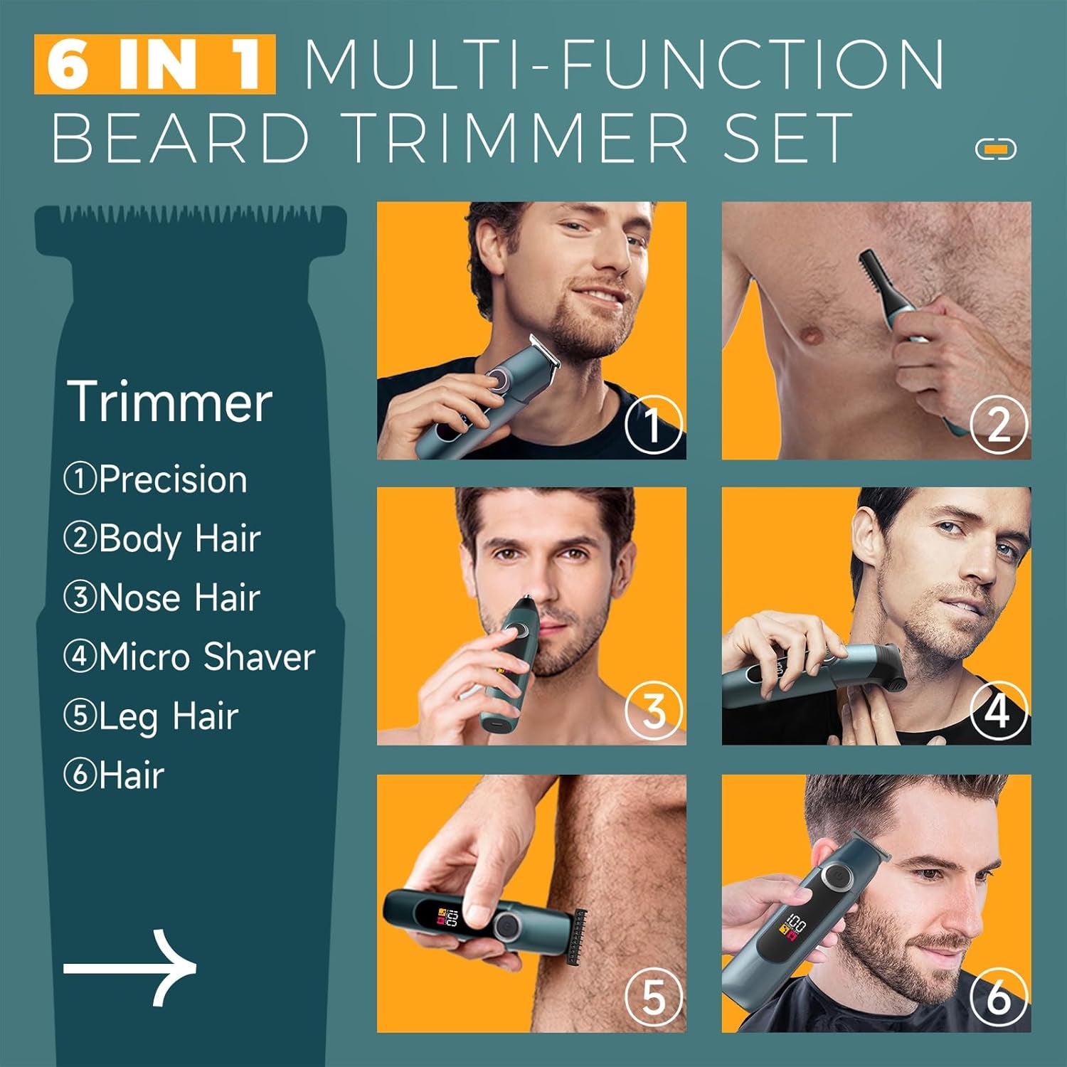 Beard Trimmer for Men Professional, Mustache Trimmer for Men, Mens Beard Grooming Kit, Nose Hair Trimmer, 6 in 1 Waterproof Rechargeable Electric Razor with Cordless Hair Clipper,Valentine'S Day Gifts