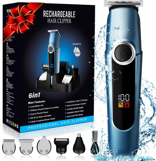 Beard Trimmer for Men Professional, Mustache Trimmer for Men, Mens Beard Grooming Kit, Nose Hair Trimmer, 6 in 1 Waterproof Rechargeable Electric Razor with Cordless Hair Clipper,Valentine'S Day Gifts
